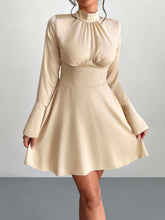 Fall Women's Dress Apricot Bow Tie High Neck Smocking Long Sleeves Flared Cuffs Everyday Mini Dress, Elegant Dress